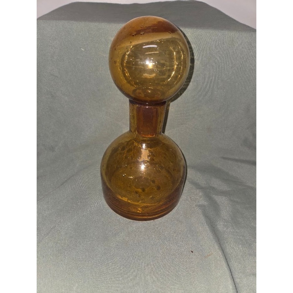 Vintage Amber Hand Blown Bubble Glass Decanter with Round Stopper 11 Inch